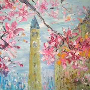 Mcgraw Tower Sakura, Located in Cornell University-Pen King-A1301-Home Decor Holiday Artwork Texture Painting Dining Wall Art