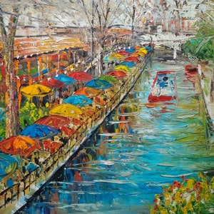 Bright Riverside Walk, San Antonio TX -Pen King-A1705-Home Decor Holiday Artwork Texture Painting Dining Wall Art