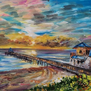 Sunrise at the Pier, Deerfield Beach, Florida-A2435-Home Decor Holiday Artwork Texture Painting Dining Wall Art
