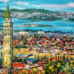 Sather Tower & Bay Skylines, Viewed From California Berkeley-Pen King-A2141-Home Decor Holiday Artwork Texture Painting Dining Wall Art