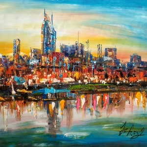 Nashville Skyline at Bright Night, TN-Pen King-A2210-Home Decor Holiday Artwork Texture Painting Dining Wall Art