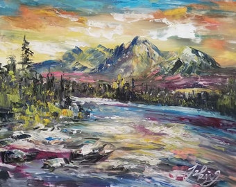 May include: A painting of a mountain range with a river in the foreground. The mountains are painted in shades of green, brown, and white, and the river is a vibrant blue. The sky is a mix of blue, yellow, and orange, with clouds painted in white.