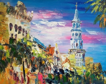 Broad  Street, Charleston SC -Pen King-A1526-Home Decor Holiday Artwork Texture Painting Dining Wall Art