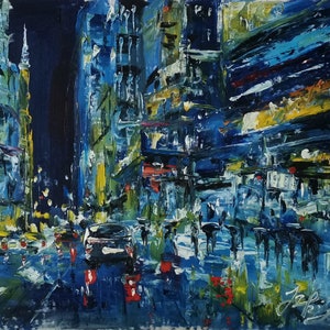 Blue Lexington Ave at Night, New York City-Pen King-A4588-Home Decor Holiday Artwork Texture Painting Dining Wall Art