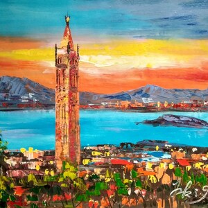 Sather Tower in Sunset, Viewed From California Berkeley-Pen King-A2084-Home Decor Holiday Artwork Texture Painting Dining Wall Art