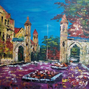 May include: A painting of a university campus with a large stone archway and a tall building with a spire. The archway is flanked by two smaller buildings, and the scene is set against a blue sky with white clouds. The painting is done in a loose, impressionistic style, with bold strokes of color.