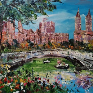 Spring New York City  Central Park,  Bow Bridge-Pen King-A3196-Home Décor Holiday Artwork Texture Painting Dining Wall