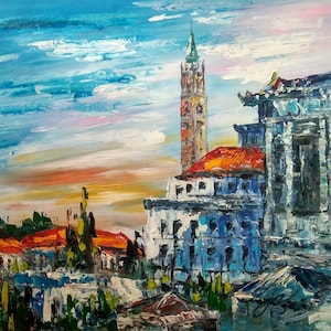 Sather Tower From University Campus, Berkeley, California-Pen King-A2203-Home Decor Holiday Artwork Texture Painting Dining Wall Art