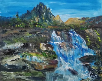 May include: A painting of a waterfall cascading down a rocky mountainside. The water is a vibrant blue, and the rocks are a mix of gray, brown, and green. The sky is a bright blue, and there are green trees in the background.
