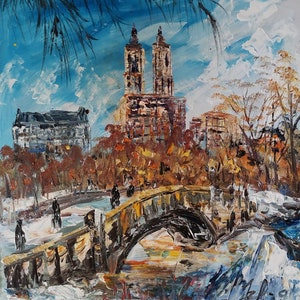 Winter New York City  Central Park,  Bow Bridge-Pen King-A3197-Home Décor Holiday Artwork Texture Painting Dining Wall