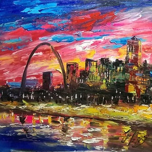 Sunset Arch ST Louis, MO-Pen King -A1439-Home Decor Holiday Artwork Texture Painting Dining Wall Art