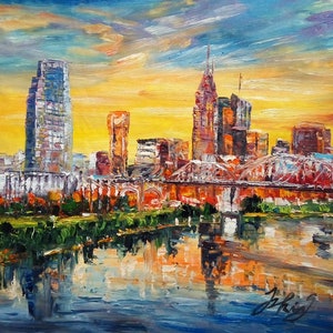 Sunset Skyline Nashville, TN -PEN KING-A1562-Home Decor Holiday Artwork Texture Painting Dining Wall Art