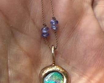 molten bronze charm necklace with australian opal, tanzanite