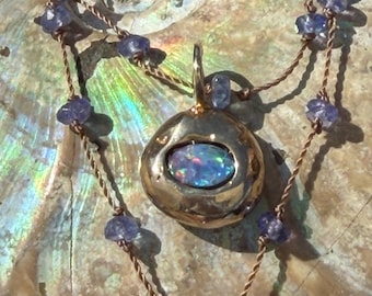 molten bronze charm necklace with australian opal, tanzanite