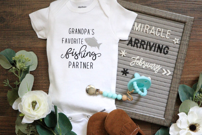 Baby shower gifr for little boy Grandpas favorite fishing partner baby oneise Pregnancy announcement to parents grandparents to be