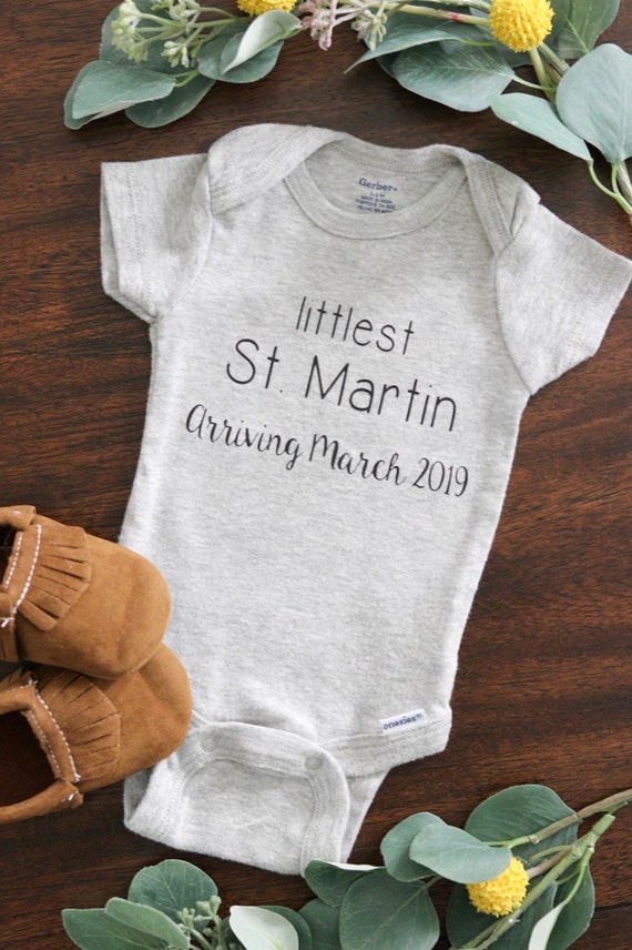 Littlest Family Member Arriving Soon Baby Bodysuit Pregnancy Announcement Outfit Custom Personalized with last name