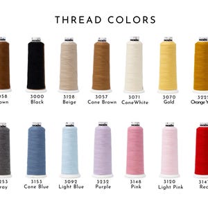 May include: A collection of fourteen spools of thread arranged in two rows, labeled THREAD COLORS. Each spool displays a unique color, including brown, black, beige, cone brown, cone white, gold, orange yellow, gray, cone blue, light blue, purple, pink, light pink, and red.