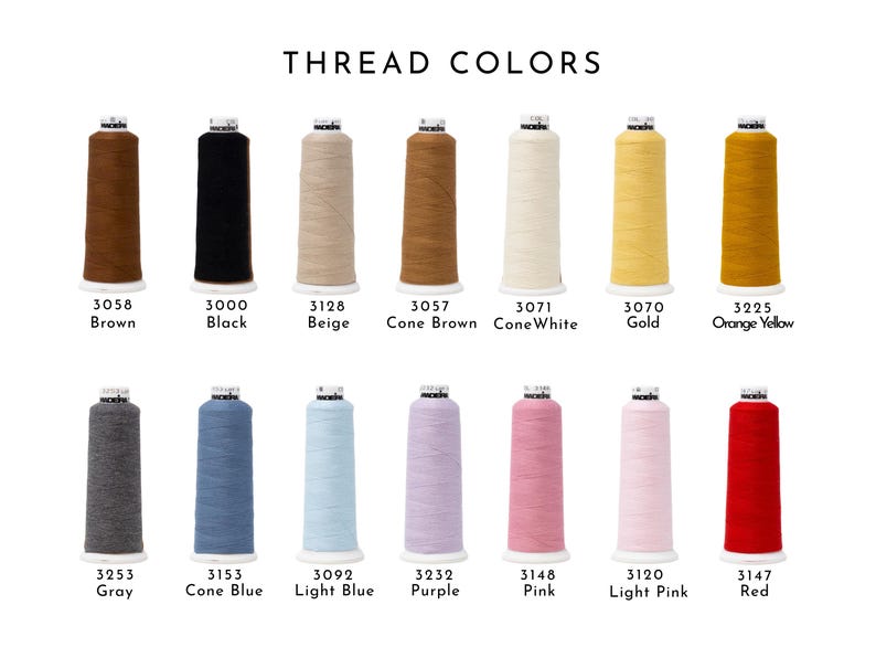 May include: A collection of fourteen spools of thread arranged in two rows, labeled THREAD COLORS. Each spool displays a unique color, including brown, black, beige, cone brown, cone white, gold, orange yellow, gray, cone blue, light blue, purple, pink, light pink, and red.