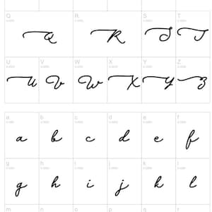 May include: A digital font character set displayed in a grid, featuring black uppercase and lowercase letters in a cursive script style. Each letter is contained within a box labeled with its corresponding letter and Unicode value, such as U-0041.