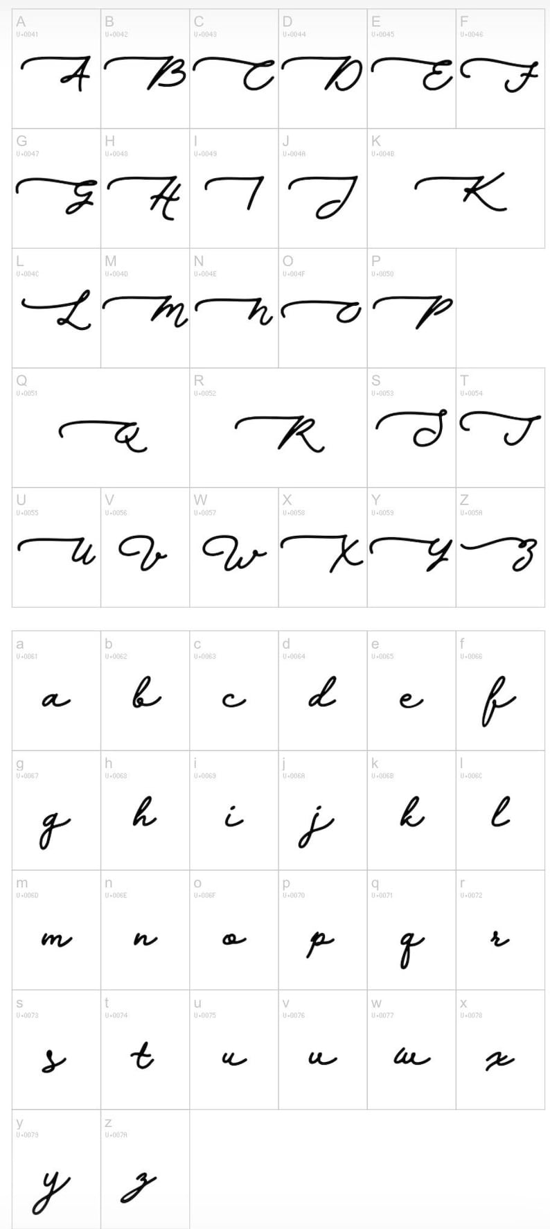 May include: A digital font character set displayed in a grid, featuring black uppercase and lowercase letters in a cursive script style. Each letter is contained within a box labeled with its corresponding letter and Unicode value, such as U-0041.