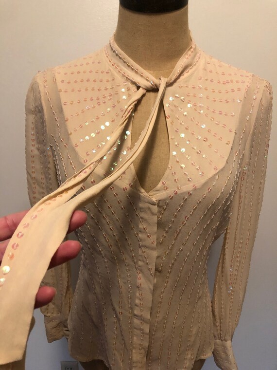 Sequined silk blouse with pussy bow - image 7