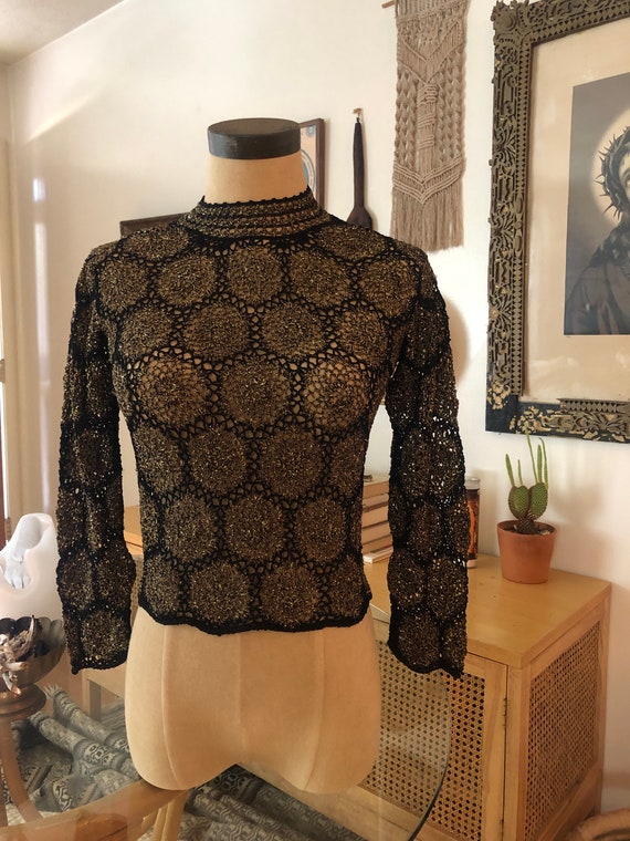 Lurex crochet button back mock neck sweater - image 8