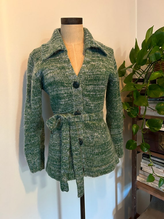 Fuzzy green belted 70s cardi