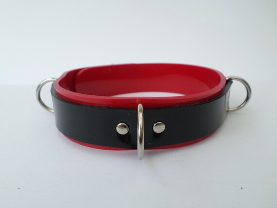 lockable leather fetish bondage collar 24mm wide 30mm o ring black /& red