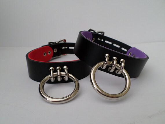 bdsm lockable 3 ring leather fetish bondage collar 24mm wide 25mm black /& red