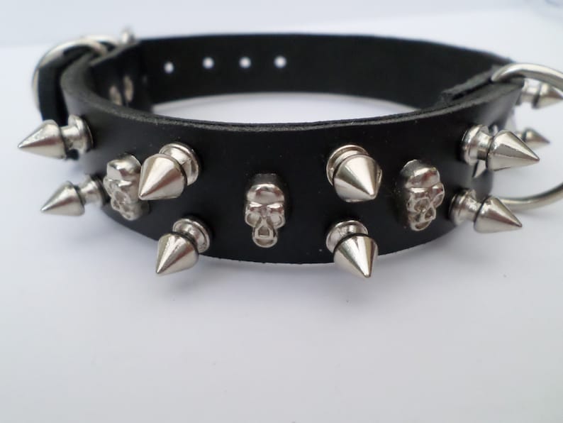 Leather spiked dog collar 12mm spikes and skull studs 24mm Etsy