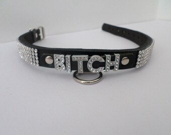 bitch collar with diamante letters and rhinestone trim 16mm wide