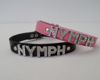 real leather nymph collar with 12mm diamont letters