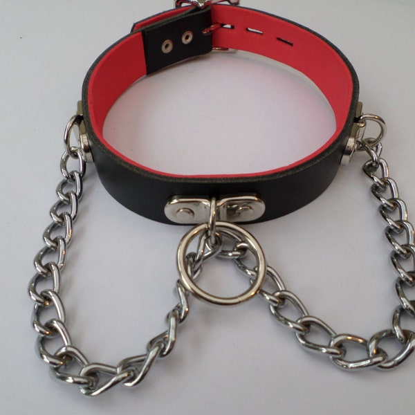 real leather lockable bondage fetish slave  collar with looped chain and padlock buckle