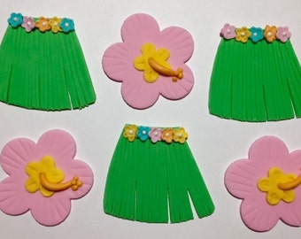 Hula Skirt and Hibiscus Tropical Cupcake Toppers Fondant
