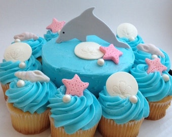 Dolphin Themed Cake and/or Cupcake Toppers - Fondant