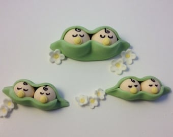 Peas In A Pod Cake Topper with 12 Cupcake Toppers - fondant  Your choice of genders