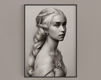 Daenerys Targaryen AI Pencil Drawing - Printable Wall Art for Fans of Game of Thrones and Home Decor - Instant Download - Digital Art