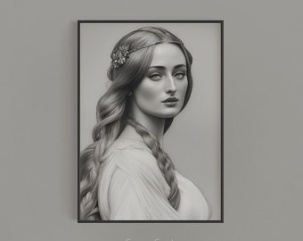 Sophie Turner as Sansa Stark, Queen of the North, Lady of Winterfell Portrait, Game of Thrones AI Pencil Drawing, Printable Wall Art