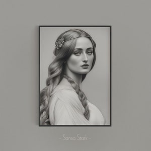 Sophie Turner as Sansa Stark, Queen of the North, Lady of Winterfell Portrait, Game of Thrones AI Pencil Drawing, Printable Wall Art image 1