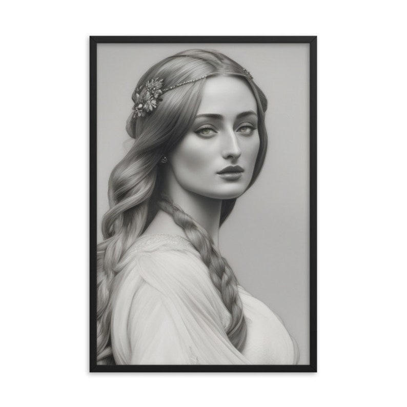 Sophie Turner as Sansa Stark, Queen of the North, Lady of Winterfell Portrait, Game of Thrones AI Pencil Drawing, Printable Wall Art image 6