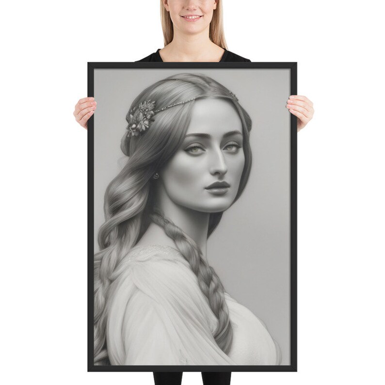 Sophie Turner as Sansa Stark, Queen of the North, Lady of Winterfell Portrait, Game of Thrones AI Pencil Drawing, Printable Wall Art image 5