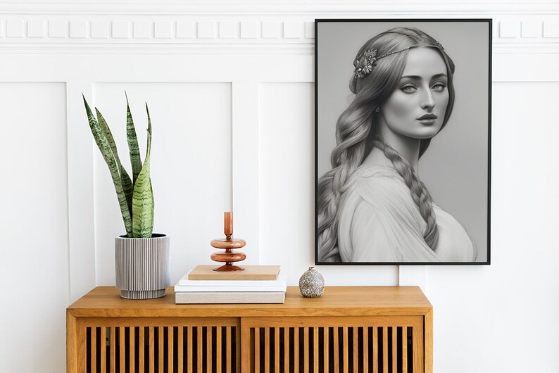 Sophie Turner as Sansa Stark, Queen of the North, Lady of Winterfell Portrait, Game of Thrones AI Pencil Drawing, Printable Wall Art image 4