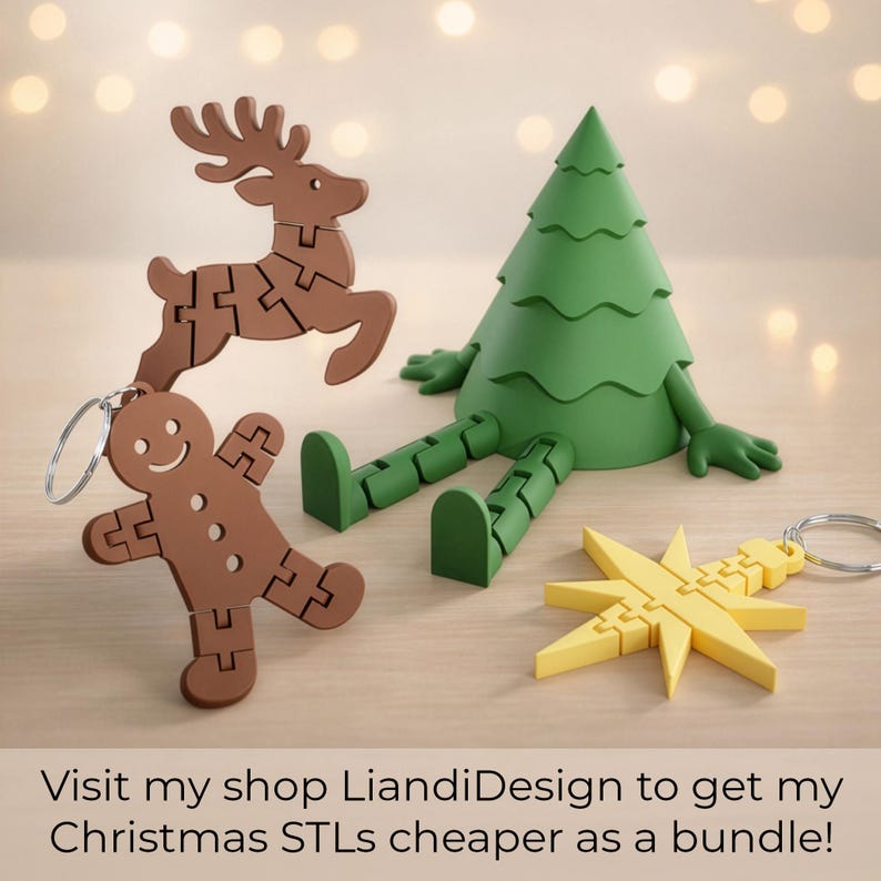 May include: A collection of Christmas-themed puzzle keychains. Includes a brown reindeer, a gingerbread man, a green Christmas tree with legs, and a yellow star. Each keychain is made of interlocking pieces. The image has text that says "Visit my shop LiandiDesign to get my Christmas STLs cheaper as a bundle!"