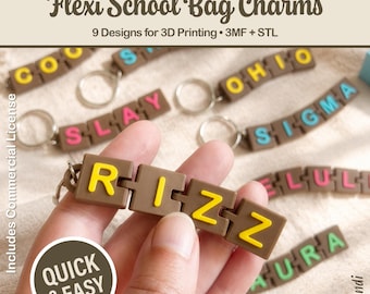 9 Flexi School Backpack Charms Bundle - 3D Print Files, Slang Words, Keychains, 3MF + STL