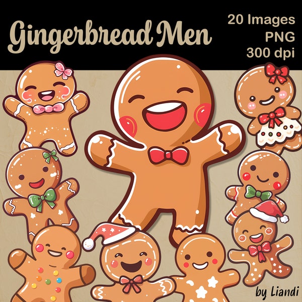 Clipart de bonhommes en pain d'épice kawaii - 20 graphiques homme et femme en pain d'épice mignons et heureux pour projets de bricolage, PNG transparents pour usage commercial