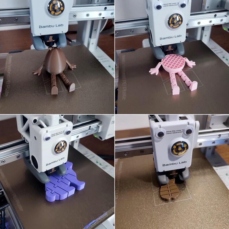 May include: A 3D printer, labeled "Bambu Lab," is shown in operation, creating various small, colorful plastic figures. The figures include a brown egg-shaped character, a pink waffle-patterned figure, and a purple puzzle piece.