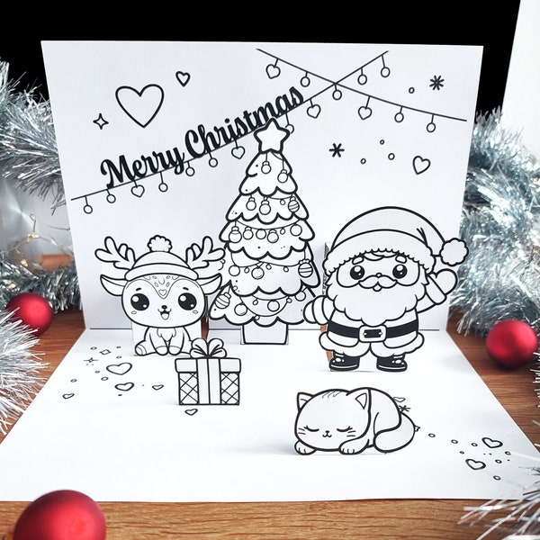 DIY Pop Up Christmas Card, Instant Download PDF, printable craft activity for kids and grown-ups, make your own cute Santa and Reindeer card