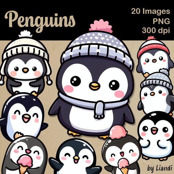 Clipart pingouins kawaii - 20 graphiques pingouins mignons et joyeux pour projets de bricolage, PNG transparents pour usage commercial