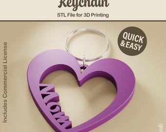 Love Mom Heart STL Keychain - 3D Print File, Mother's Day (Digital Download, Commercial Use)