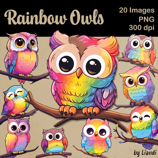 Kawaii Rainbow Owls Clipart - 20 Cute and Colorful Owl Bird Graphics for DIY Projects, Transparent PNG for Commercial Use